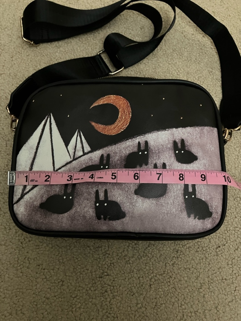 Goth Demon moon bunny crossbody bag, unique artsy design, macabre sketched art - Picture 5 of 15